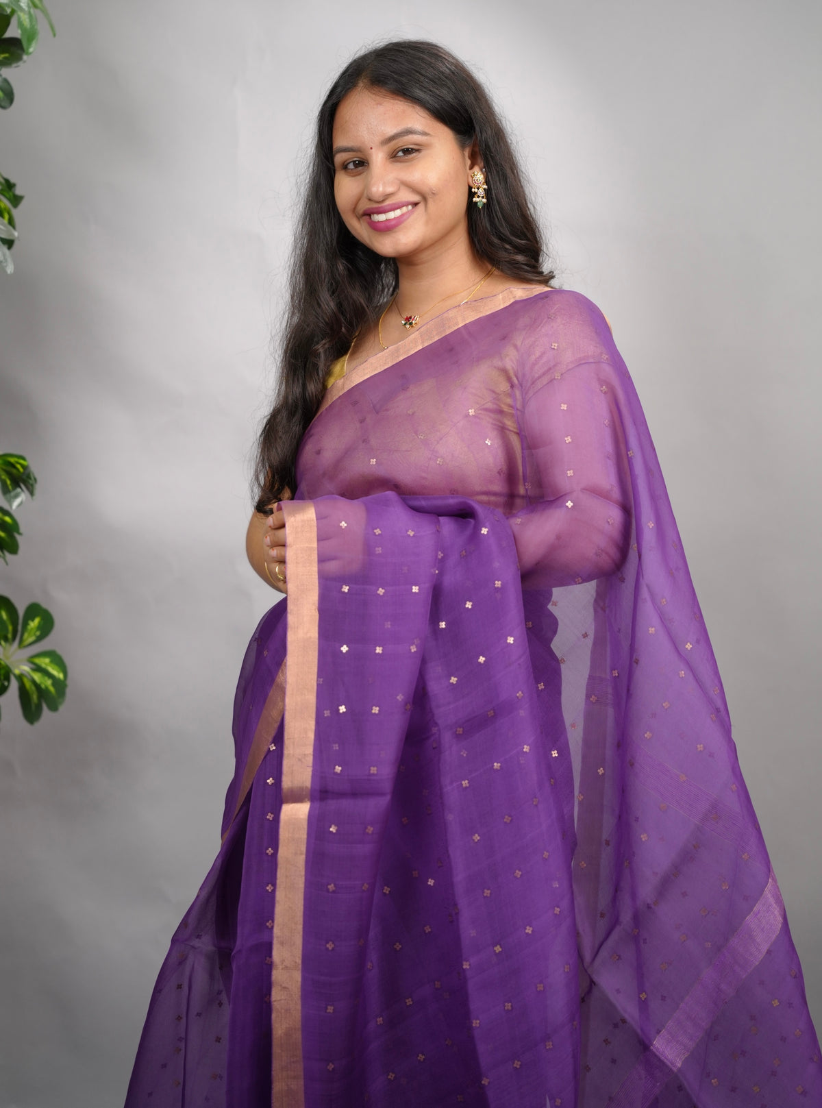 Purple Handwoven Muslin Silk Saree With Sequence Work | Looms & Tassels