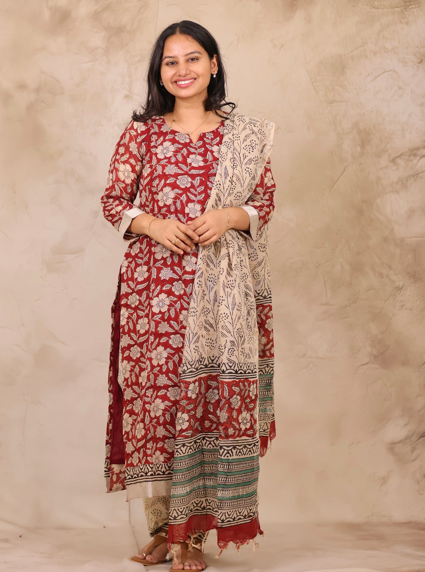 Maroon Linen Cotton Handblock printed 3 piece suit (stitched)