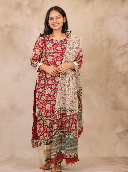 Maroon Linen Cotton Handblock printed 3 piece suit (stitched)