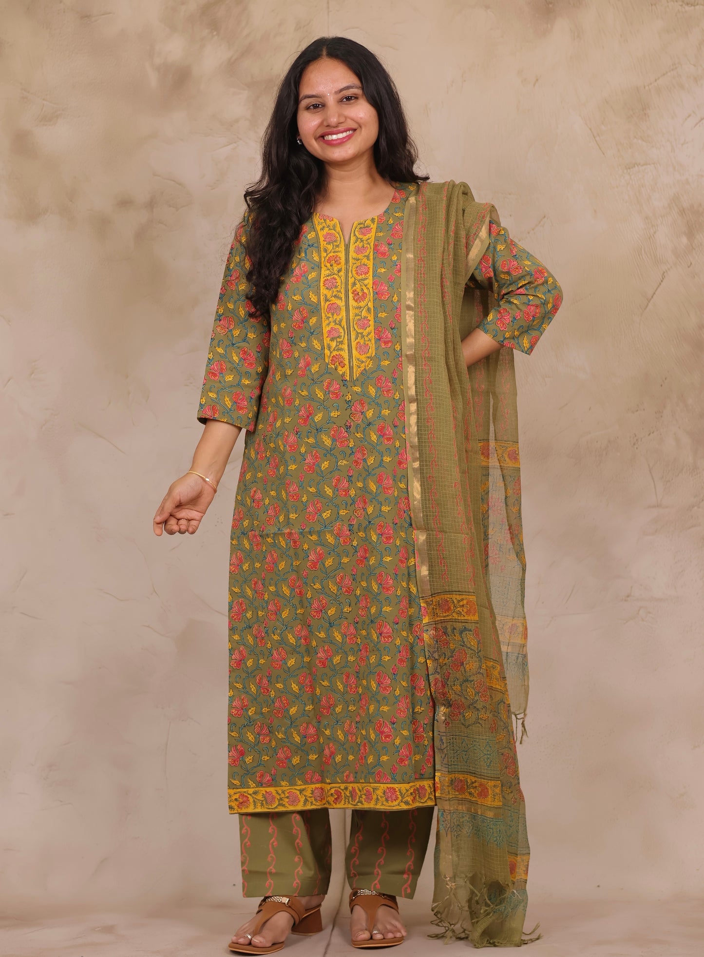 Mehendi Green Handblock printed Pure Mul Cotton with Kota Doria Duppata 3 piece suit (stitched)