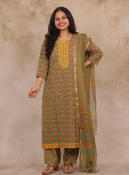 Mehendi Green Handblock printed Pure Mul Cotton with Kota Doria Duppata 3 piece suit (stitched)