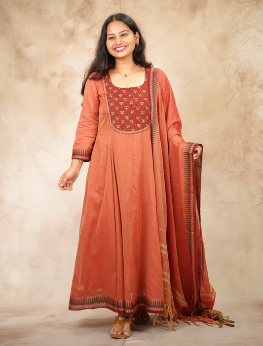 Peach Ajrakh Patch Work Narayanpet Cotton Anarkali Dress with Narayanpet Dupatta | Looms & Tassels
