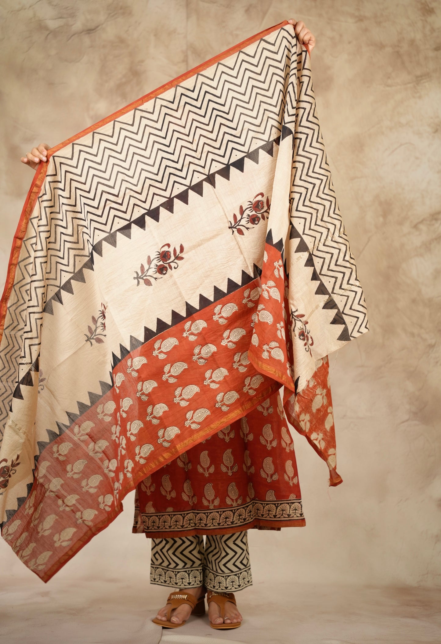 Maroon Handblock printed Pure Chenderi Silk 3 piece suit (stitched) |  Looms & Tassels