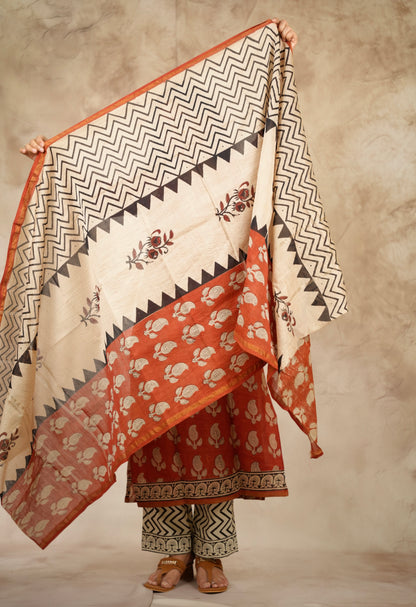 Maroon Handblock printed Pure Chenderi Silk 3 piece suit (stitched) |  Looms & Tassels