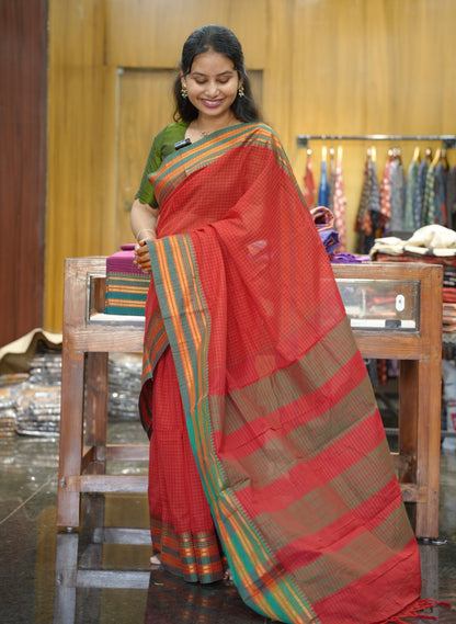 Red Checks Narayanpet Cotton Saree with Traditional contrast Border | Looms & Tassels