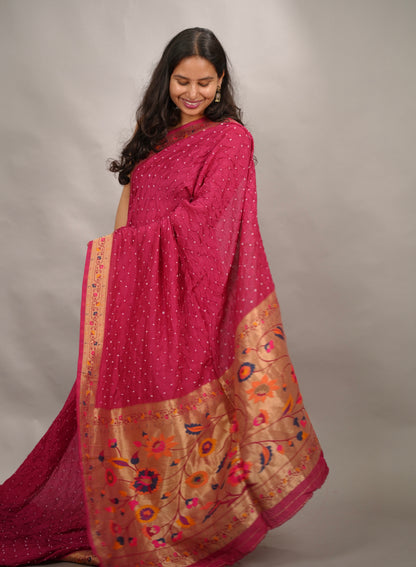 Magenta Pink Handcrafted Bandhani Paithani Dola Silk Saree | Looms & Tassels