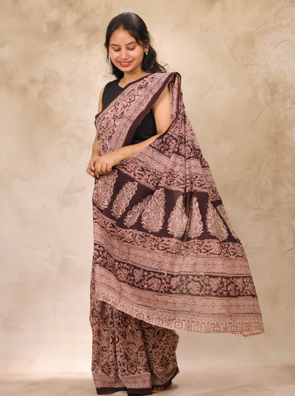 Cream Hand Block Printed Kalamkari Cotton Saree | Looms & Tassels