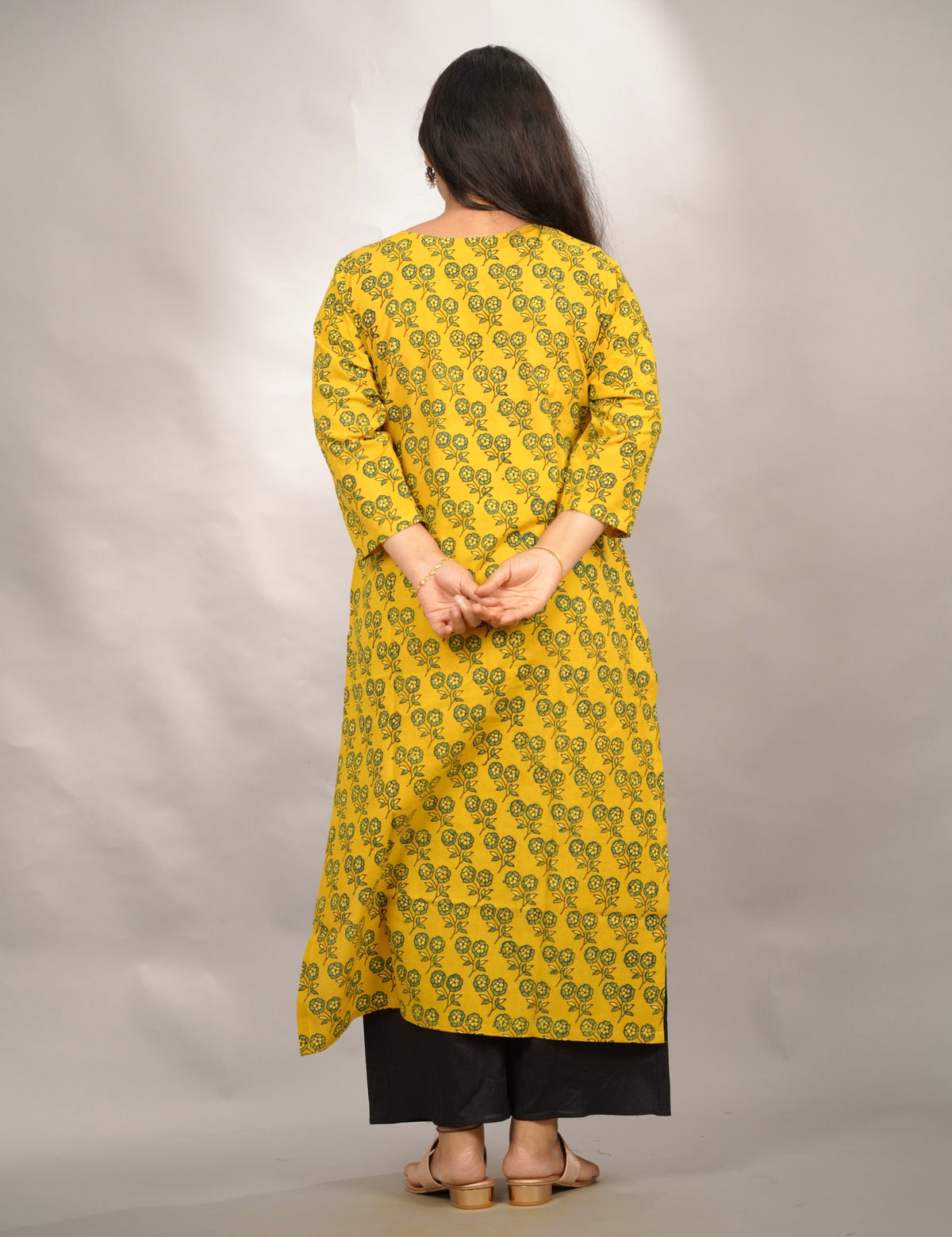 Mustard Yellow Ajrakh Pattern Hand Block printed Kurti | Looms & Tassels