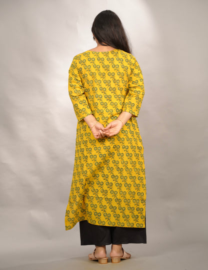 Mustard Yellow Ajrakh Pattern Hand Block printed Kurti | Looms & Tassels