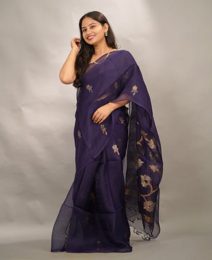 Blue Handloom Muslin Silk Saree With jamdhani weaving | Looms & Tassels