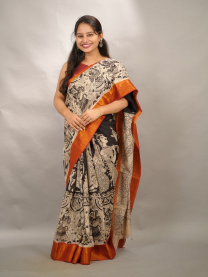 Black Kanchi border Kalamkari Chennur Silk Saree| Looms & Tassels
