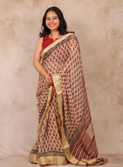 Cream Chiffon Hand Block Printed Saree with Jari Border | Looms & Tassels