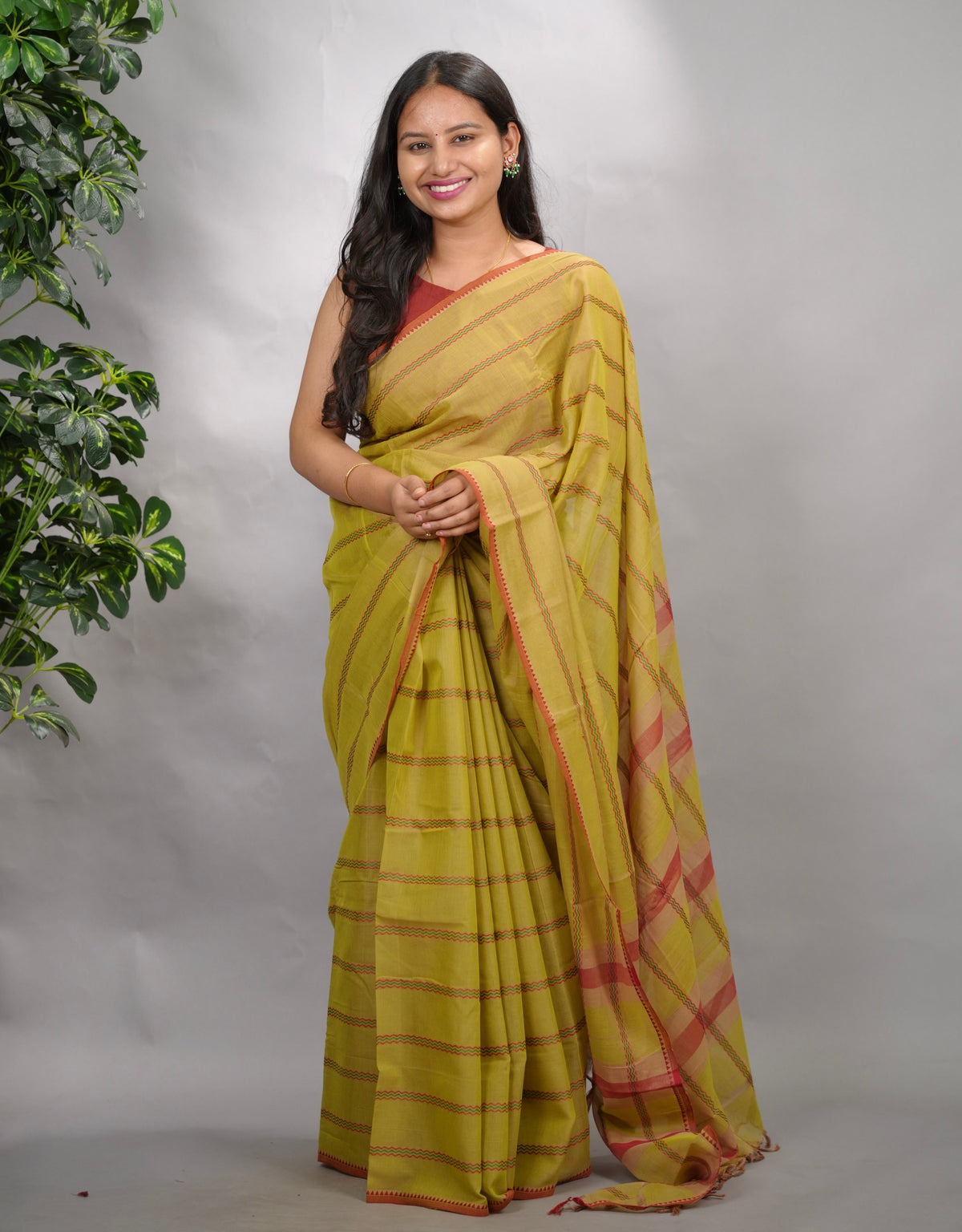 Olive Green Narayanpet Cotton Saree | Looms & Tassels