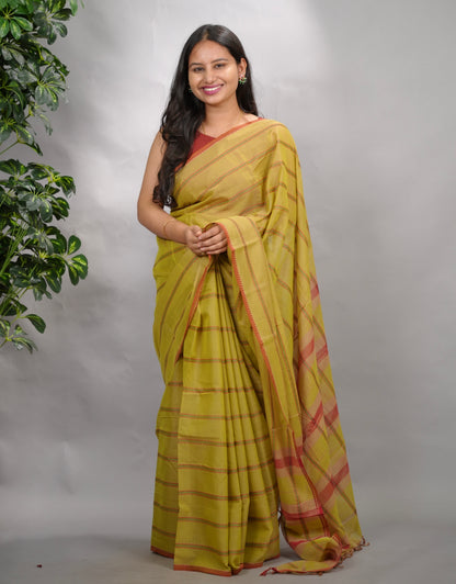 Olive Green Narayanpet Cotton Saree | Looms & Tassels