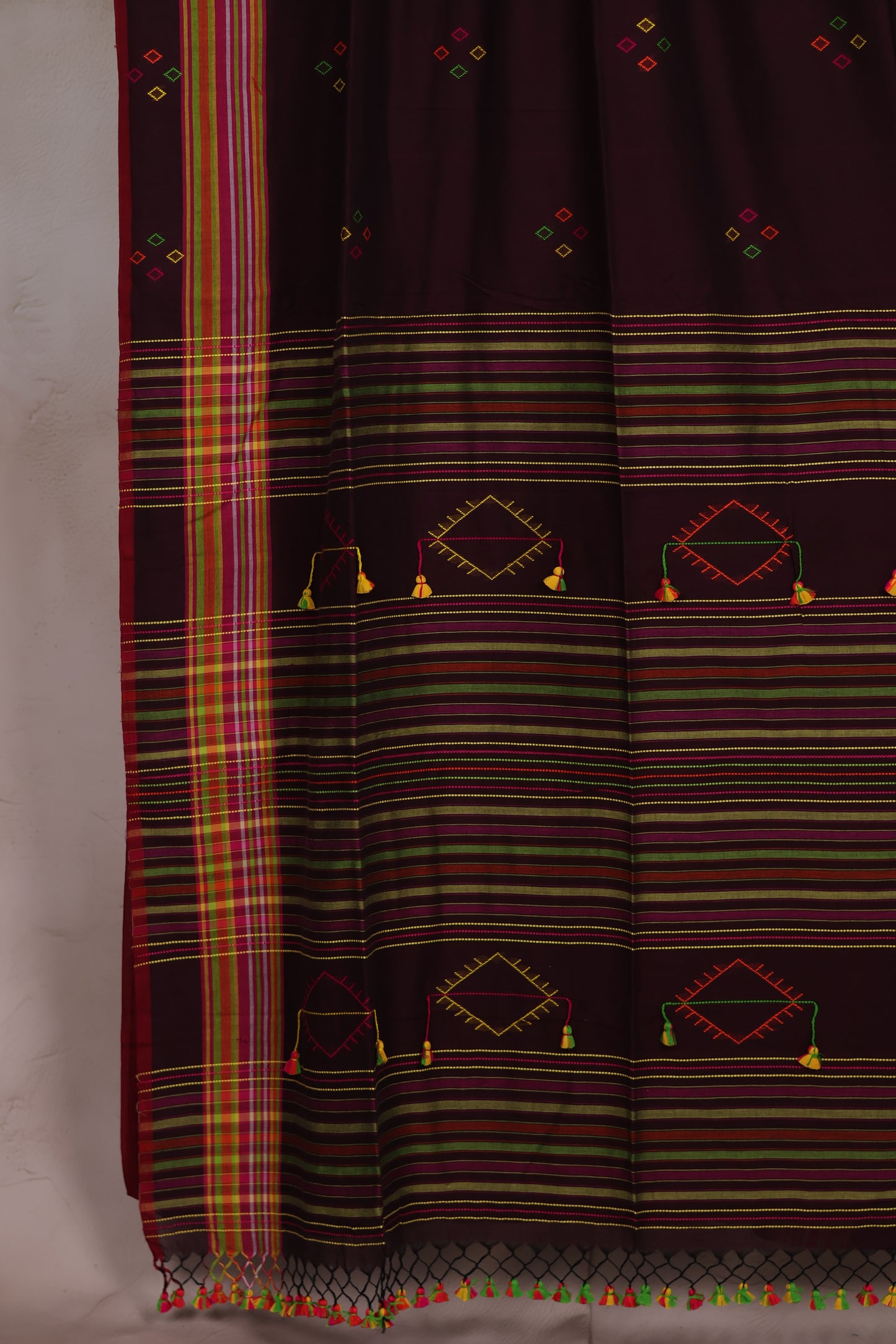 Dark Maroon Bhujodi weaving Malai Cotton Saree | Looms & Tassels