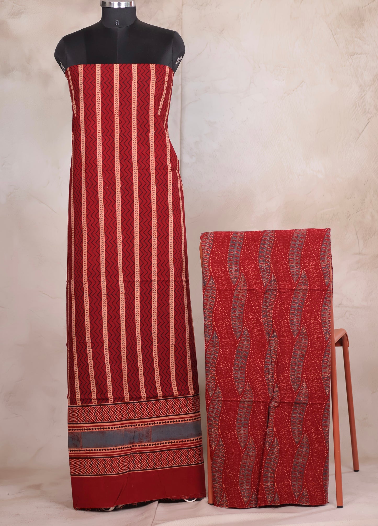 Maroon Stripes Ajrakh Handblock Printed Pure Cotton 3 piece suit set | Looms & Tassels