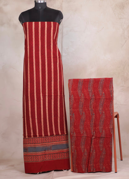 Maroon Stripes Ajrakh Handblock Printed Pure Cotton 3 piece suit set | Looms & Tassels