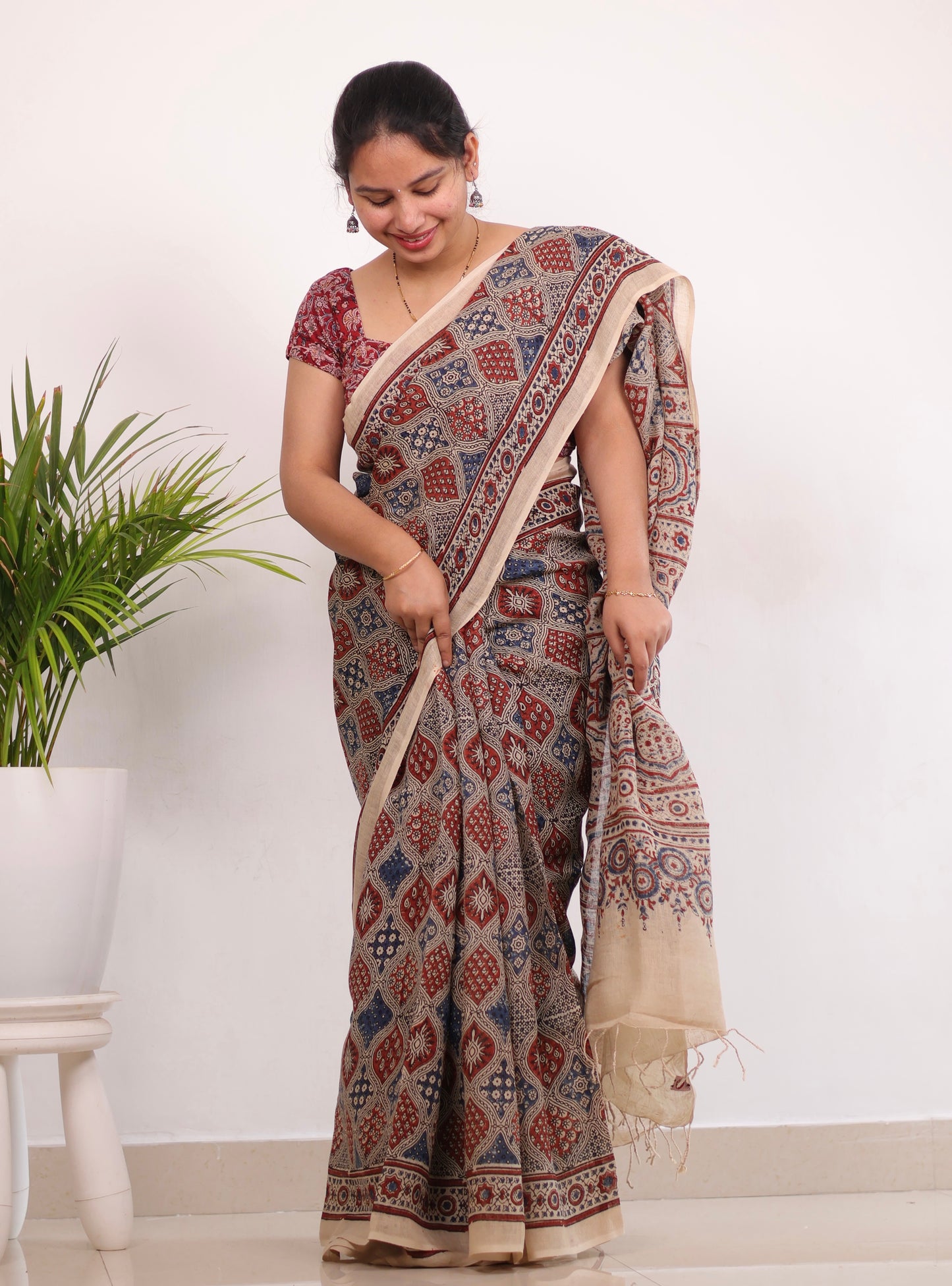 Cream Badam Butta Ajrakh Handblock Printed Saree