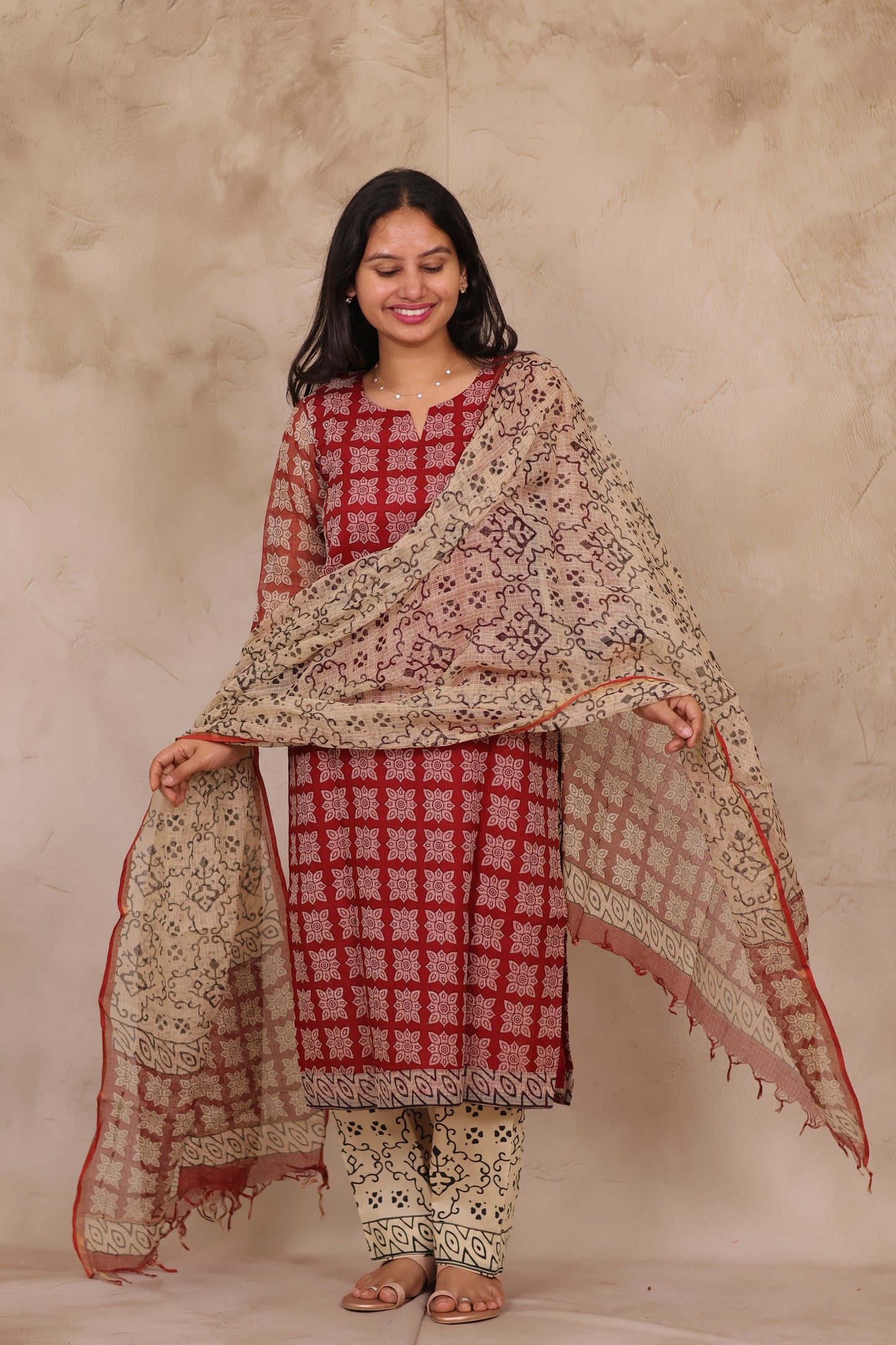 Maroon Handblock printed kota 3 piece suit (stitched)