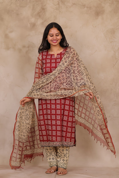 Maroon Handblock printed kota 3 piece suit (stitched)
