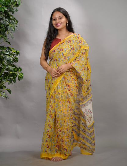 Yellow Chiffon Hand Block Printed Saree| Looms & Tassels