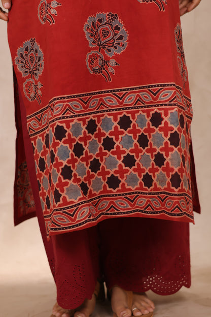 Red Ajrakh Pattern Hand Block Cotton printed Kurti | Looms & Tassels