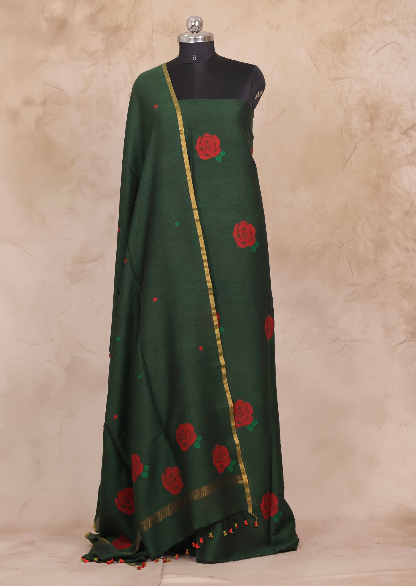 Green Handwoven Jamdhani weaving pure Mercerised Malai cotton 2 piece suit sets | Looms & Tassels
