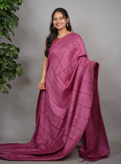 Pastel Pink Handloom Jamdhani Pure Matka Silk Saree with Muslin Silk Pallu