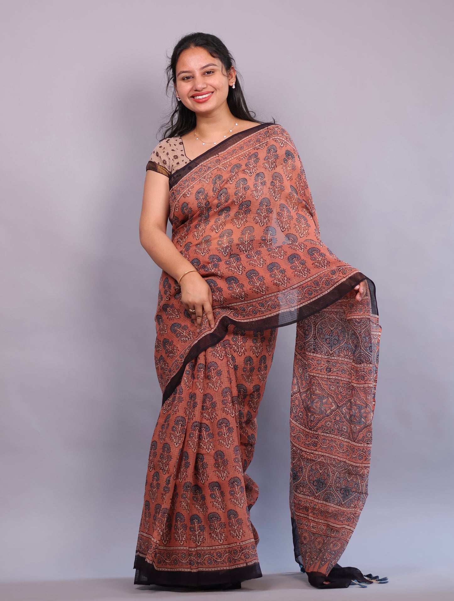 Ajrakh Hand Block Printed Kota Doria Saree | Looms & Tassels