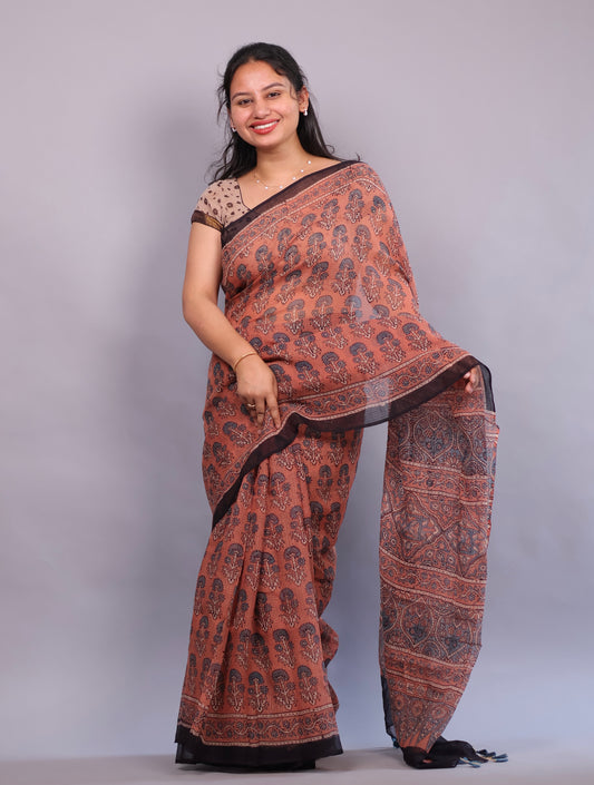 Ajrakh Hand Block Printed Kota Doria Saree | Looms & Tassels
