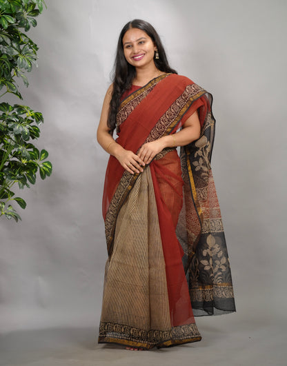 Maroon Pure Kota Doria Saree with Bagru Handblock Prints