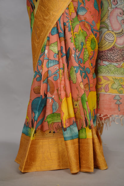 Peach Hand Drawn Pen Kalamkari Bangalore Silk Kanchi Border Saree | Looms & Tassels