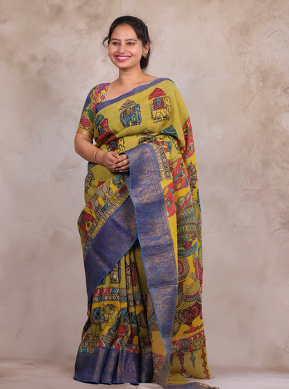Hand Drawn Pen Kalamkari Parrot Green And Blue Bangalore Silk Kanchi Border Saree | Looms & Tassels