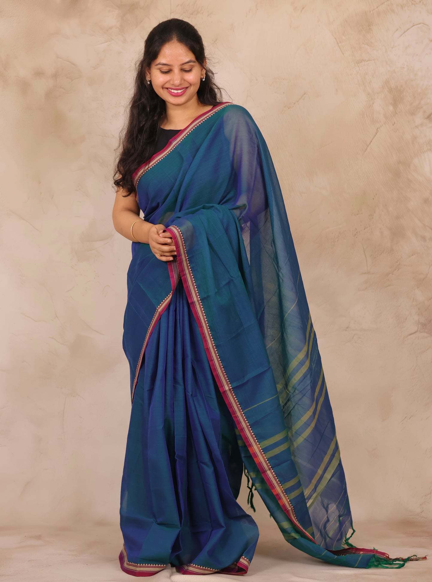 Cyan Blue Narayanpet Cotton Saree | Looms & Tassels