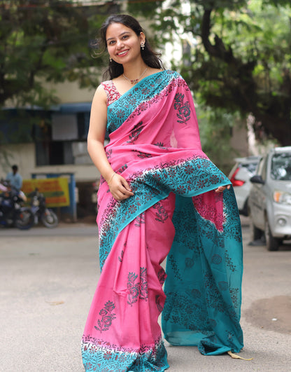 Pink Hand dyeing premium chennur silk with block prints saree