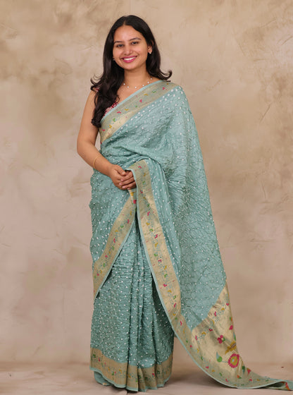 Sea Green Handcrafted Bandhani Paithani Dola Silk Saree | Looms & Tassels