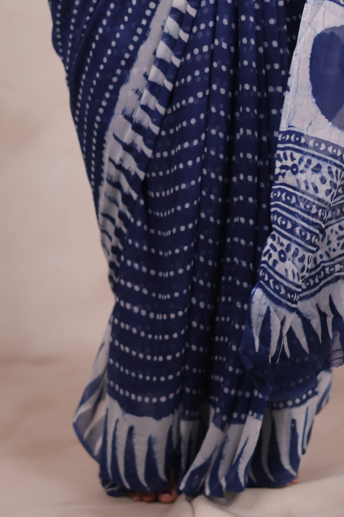Indigo Chiffon Hand Block Printed Saree | Looms & Tassels