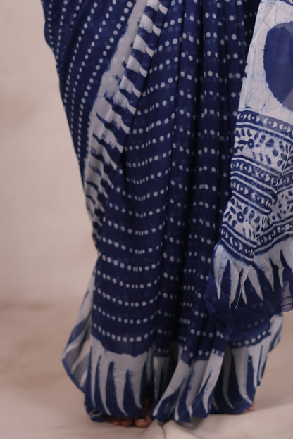Indigo Chiffon Hand Block Printed Saree | Looms & Tassels