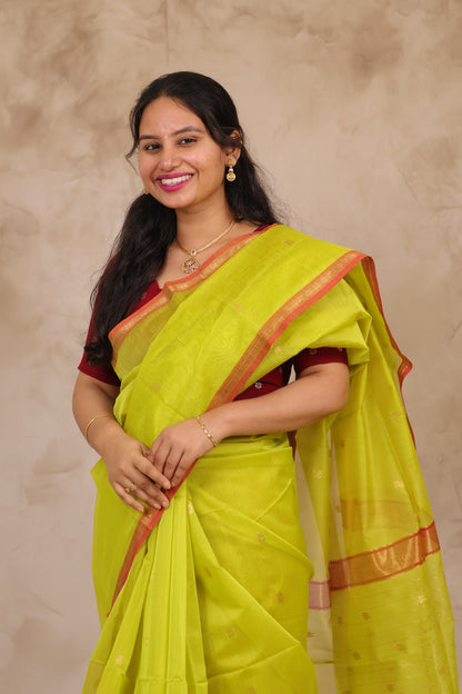 Lime Green Handloom Maheswari Silk Cotton Sarees | Looms & Tassels