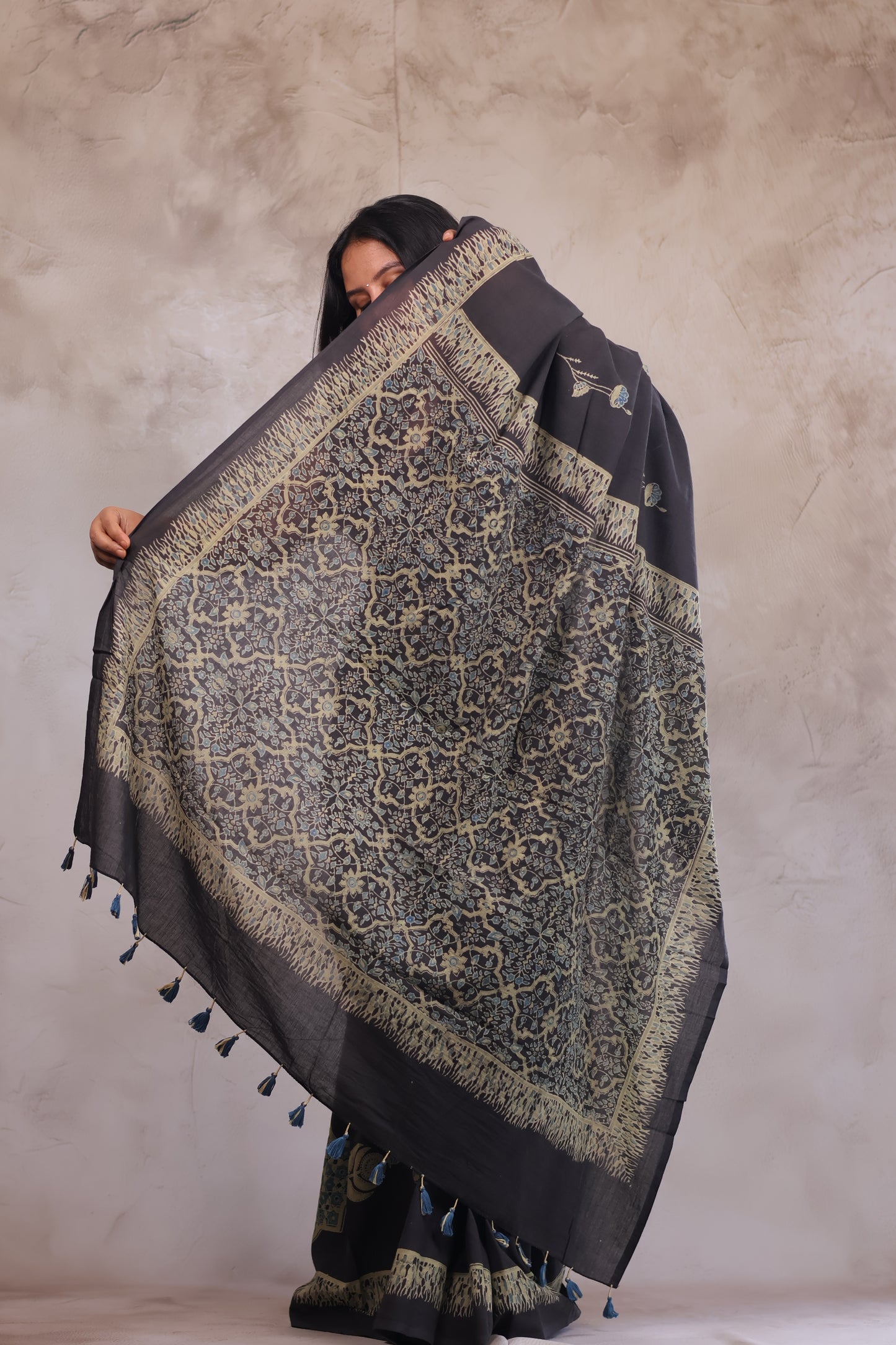 Elephant Grey Ajrakh Hand Block Printed Mul Cotton Saree | Looms & Tassels