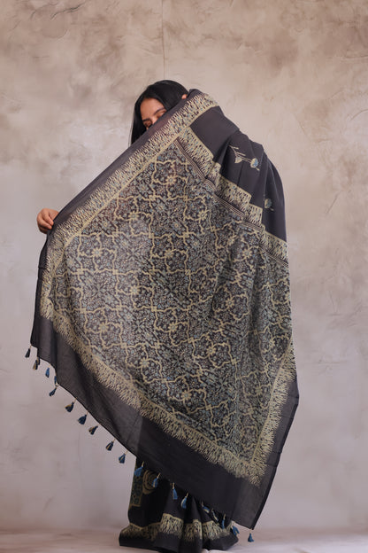 Elephant Grey Ajrakh Hand Block Printed Mul Cotton Saree | Looms & Tassels