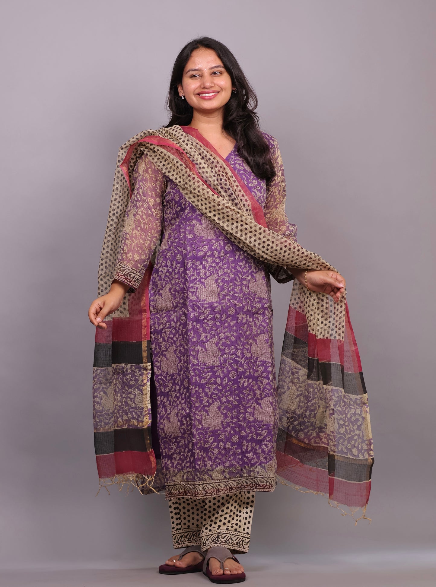 Lavender Handblock printed kota 3 piece suit (stitched)