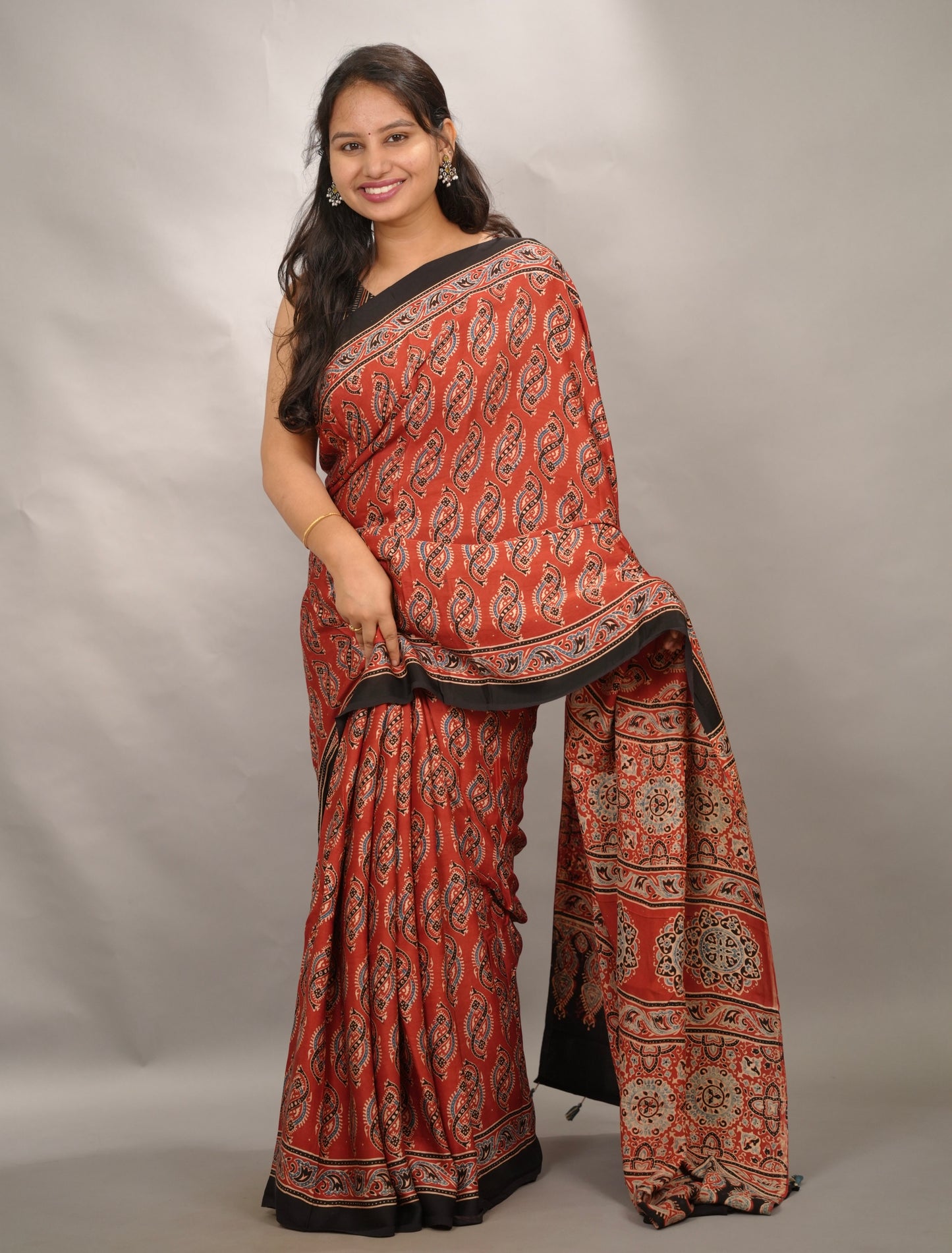 Maroon Authentic Ajrakh Handblock Printed Modal Silk Saree | Looms & Tassels