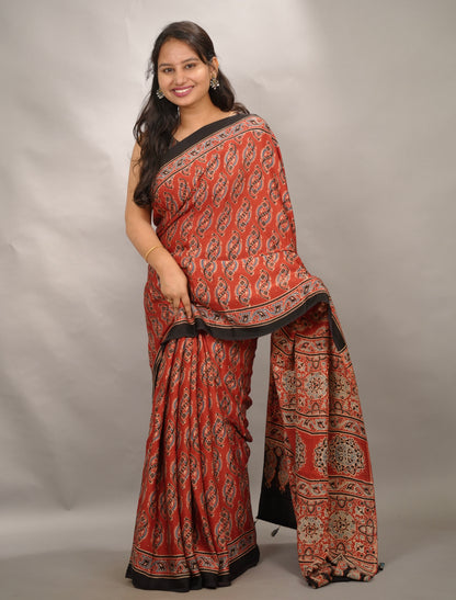 Maroon Authentic Ajrakh Handblock Printed Modal Silk Saree | Looms & Tassels
