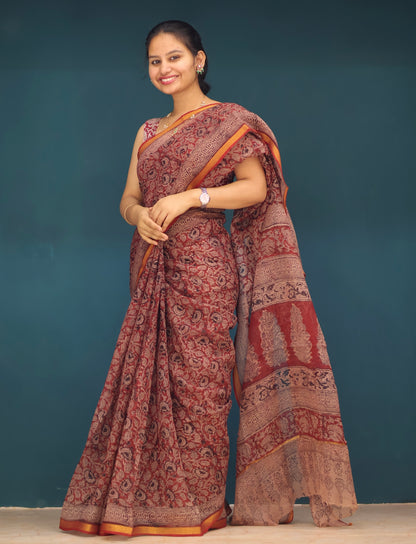 Red Kalamkari Hand block printed Kota Doria Saree