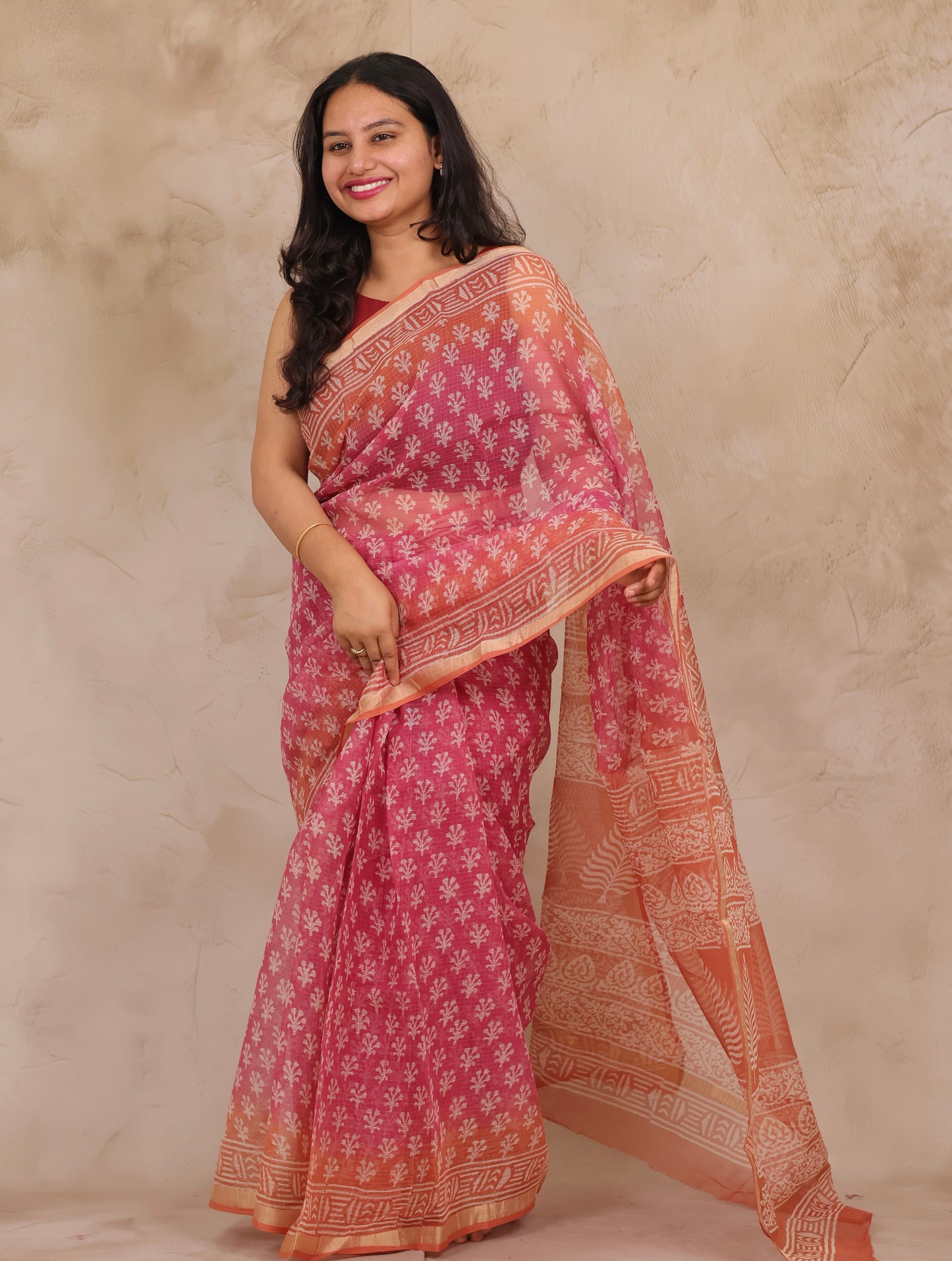 Pink Pure Kota Doria Saree with Bagru Handblock Prints | Looms & Tassels