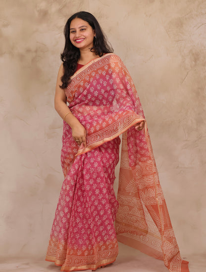 Pink Pure Kota Doria Saree with Bagru Handblock Prints | Looms & Tassels