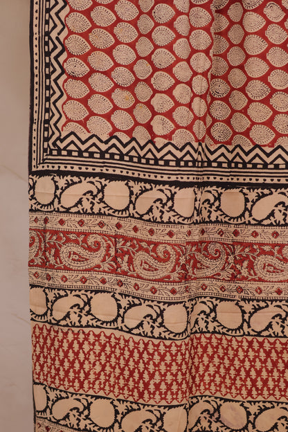Brick Red & Cream Bagru Handblock printed MulMul cotton saree | Looms & Tassels