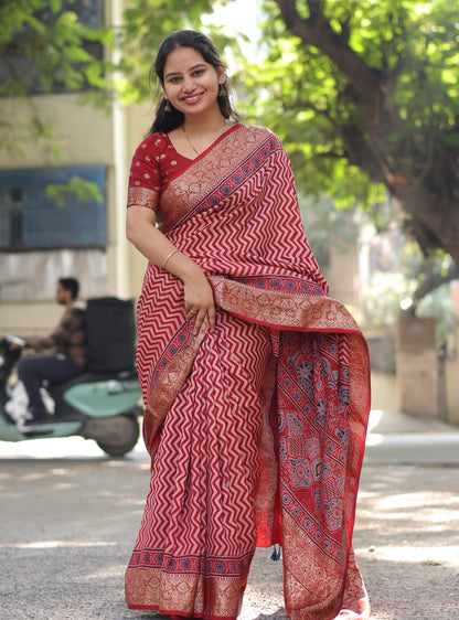 Contemporary Ajrakh Dola Silk Saree
