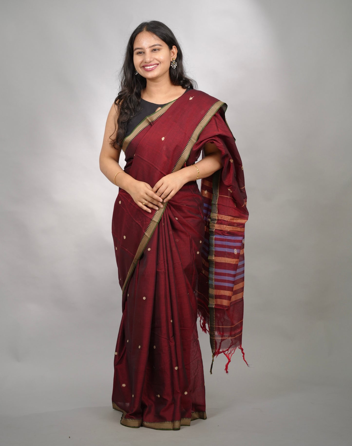 Maroon Narayanpet Cotton Saree With Butta Weaving | Looms & Tassels